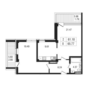 2 комнатная 65.77м²