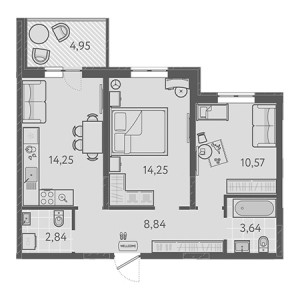 2 комнатная 55.88м²