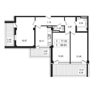 3 комнатная 88.64м²