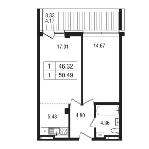 1 комнатная 50.49м²