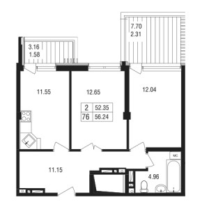 2 комнатная 56.24м²