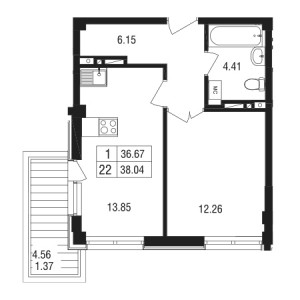 1 комнатная 38.04м²