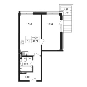 1 комнатная 41.79м²