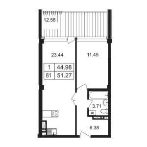 1 комнатная 51.27м²