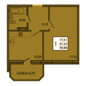 1 комнатная 39.98м²