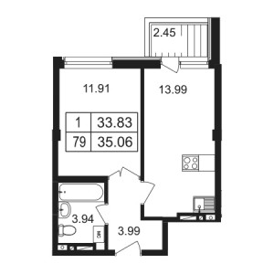 1 комнатная 35.06м²