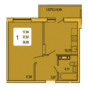 1 комнатная 39.89м²