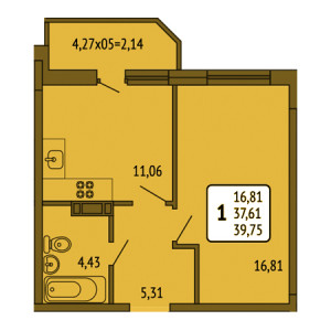 1 комнатная 39.75м²