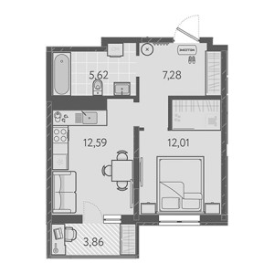 1 комнатная 38.66м²