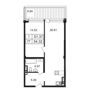 1 комнатная 54.32м²