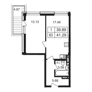 1 комнатная 41.29м²