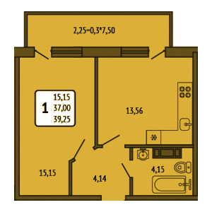 1 комнатная 39.25м²