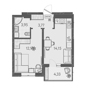 1 комнатная 36.95м²