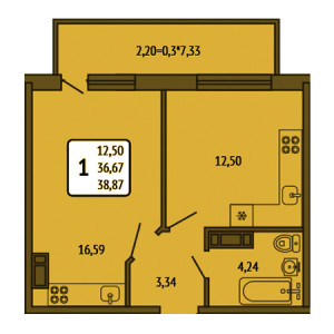 1 комнатная 38.87м²