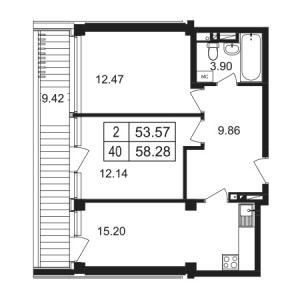 2 комнатная 58.28м²