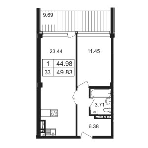 1 комнатная 49.83м²