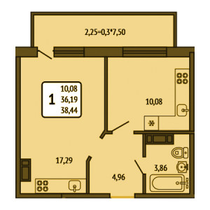 1 комнатная 38.44м²