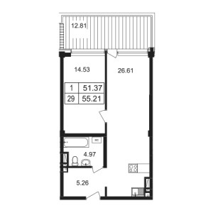 1 комнатная 55.21м²