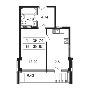 1 комнатная 39.95м²