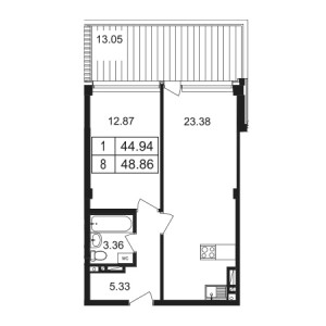 1 комнатная 48.86м²