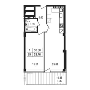 1 комнатная 53.76м²