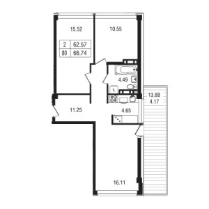 2 комнатная 66.74м²