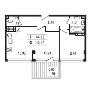 1 комнатная 45.84м²