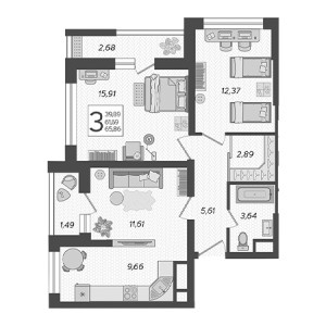 3 комнатная 65.86м²