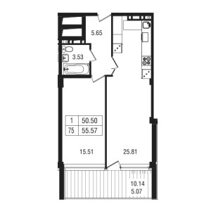 1 комнатная 55.57м²