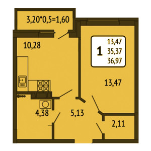 1 комнатная 36.97м²