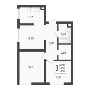 3 комнатная 43.98м²