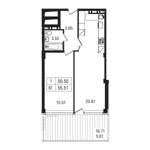 1 комнатная 55.51м²