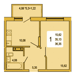 1 комнатная 35.35м²