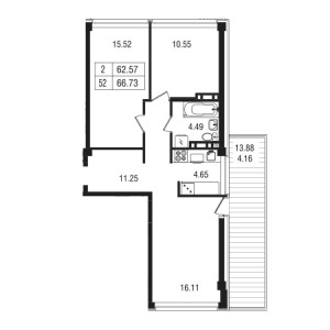 2 комнатная 66.73м²