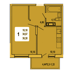 1 комнатная 36.3м²