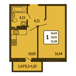 1 комнатная 35.98м²