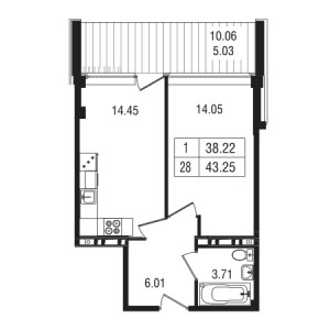 1 комнатная 43.25м²