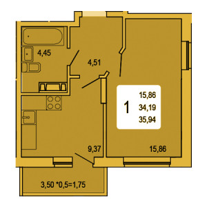 1 комнатная 35.94м²