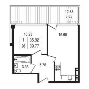 1 комнатная 39.77м²