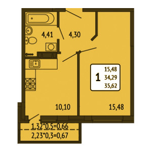 1 комнатная 35.62м²