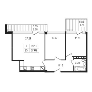 2 комнатная 67.69м²