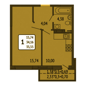 1 комнатная 35.55м²