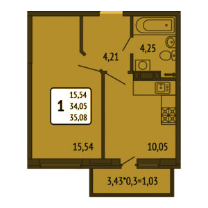 1 комнатная 35.08м²