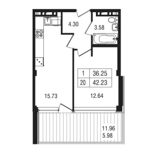 1 комнатная 42.23м²