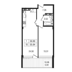 1 комнатная 55.84м²