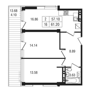 2 комнатная 61.2м²