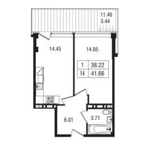 1 комнатная 41.66м²