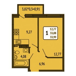 1 комнатная 33.99м²