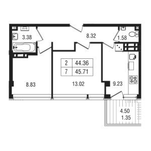 2 комнатная 45.71м²