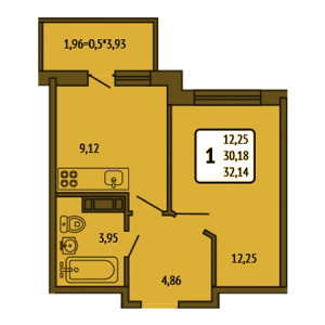 1 комнатная 32.14м²